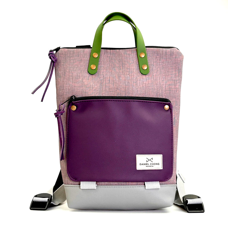 Mochila Mini Book Holder Impermeable con bolsillo extra Daniel Chong - Gris con bolsillo violeta