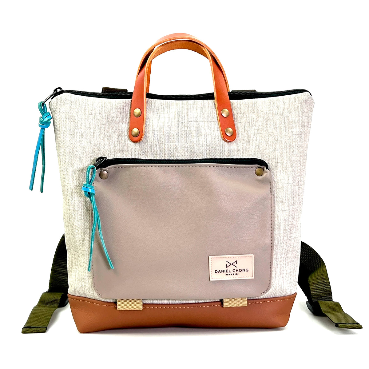 Mochila Mini Book Holder Cuadrada Impermeable con bolsillo extra Daniel Chong - Gris con bolsillo beige