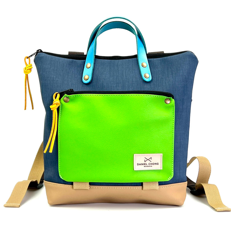 Mochila Mini Book Holder Cuadrada Impermeable con bolsillo extra Daniel Chong - Azul con bolsillo verde