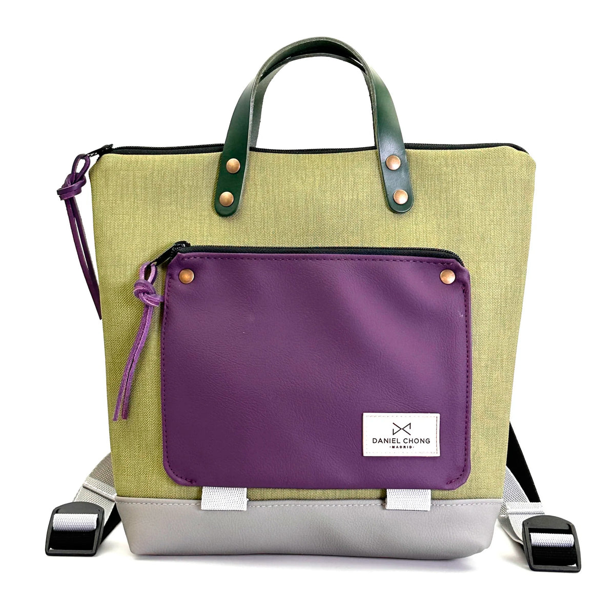 Mochila Mini Book Holder Cuadrada Impermeable con bolsillo extra Daniel Chong - Verde con bolsillo violeta