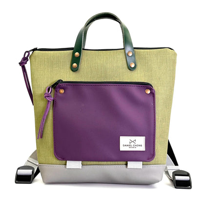 Mochila Mini Book Holder Cuadrada Impermeable con bolsillo extra Daniel Chong - Verde con bolsillo violeta