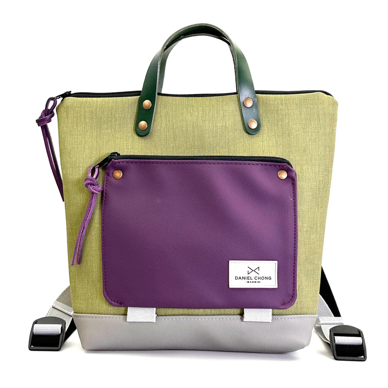 Mochila Mini Book Holder Cuadrada Impermeable con bolsillo extra Daniel Chong - Verde con bolsillo violeta