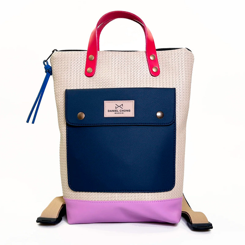 Mochila Mini Solapa con bolsillo extra Daniel Chong - Beige con bolsillo azul