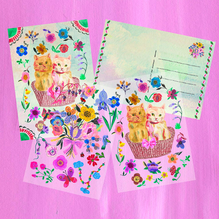 Postal con transfer textil - Basket of Cats