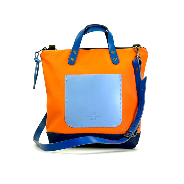 Bandolera cuadrada impermeable Daniel Chong - Naranja con bolsillo azul