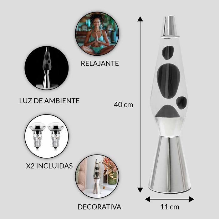 Lámpara de lava Fisura - Base cromada, líquido transparente y lava negra