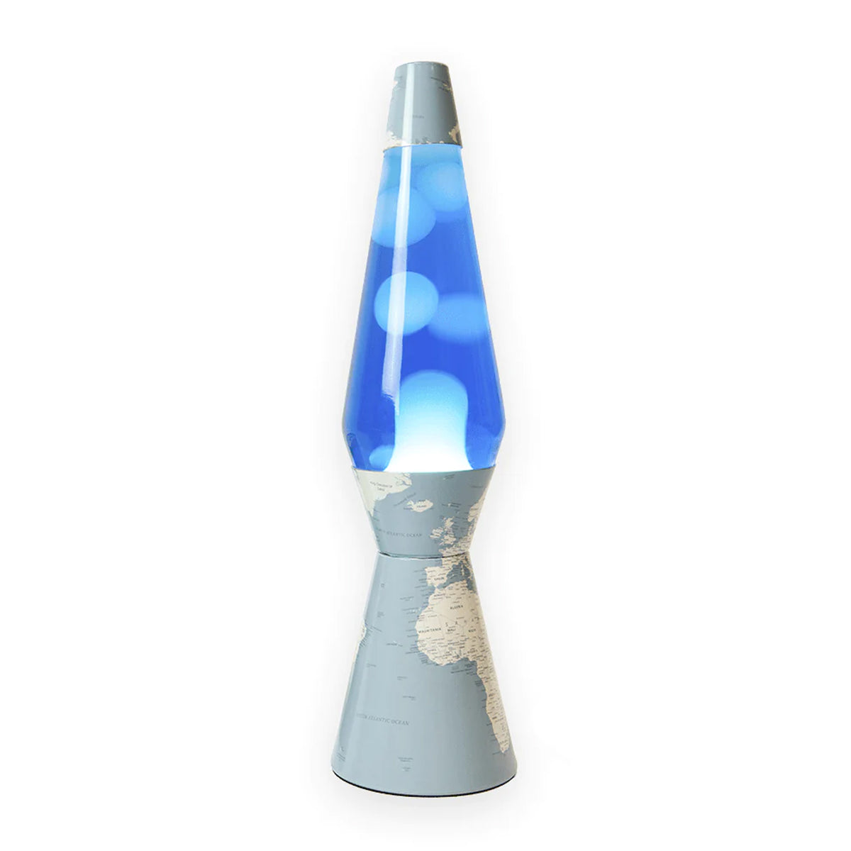Lámpara de lava Fisura - Base mundo, líquido azul y lava blanca