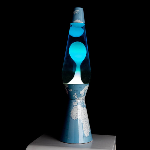 Lámpara de lava - Base mundo, líquido azul y lava blanca