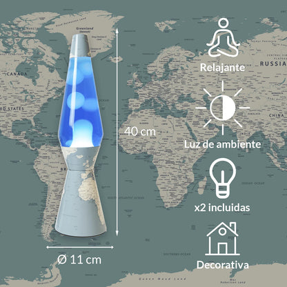 Lámpara de lava Fisura - Base mundo, líquido azul y lava blanca