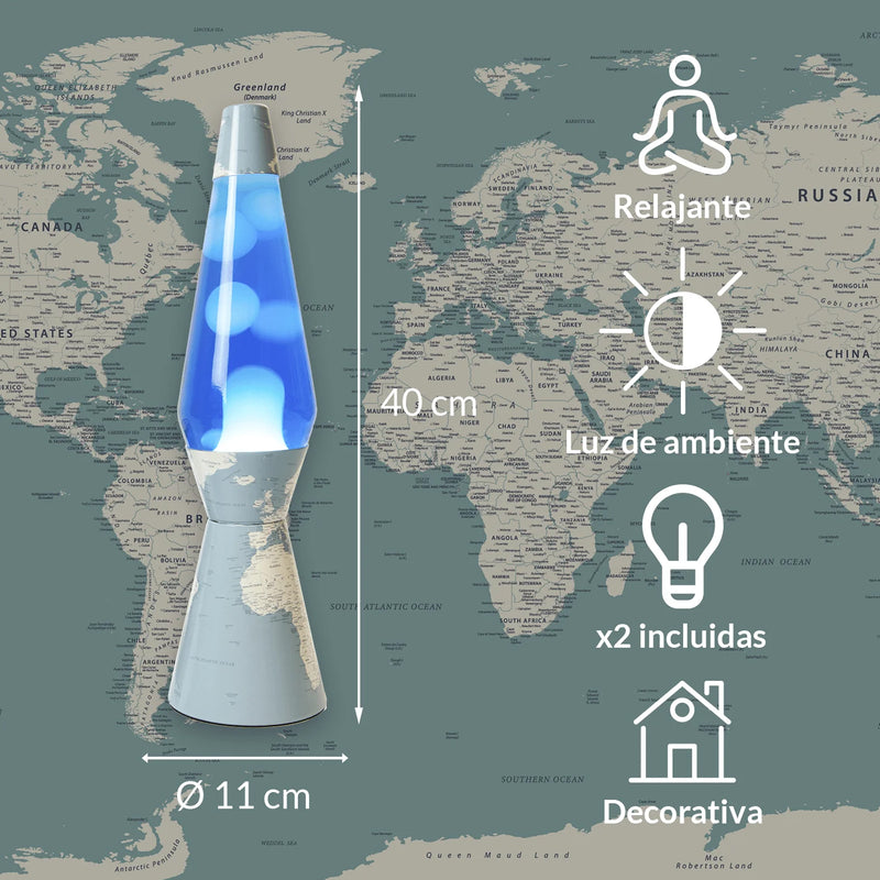 Lámpara de lava Fisura - Base mundo, líquido azul y lava blanca