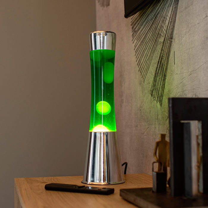 Lámpara de lava Fisura - Base cromo, líquido verde y lava amarilla
