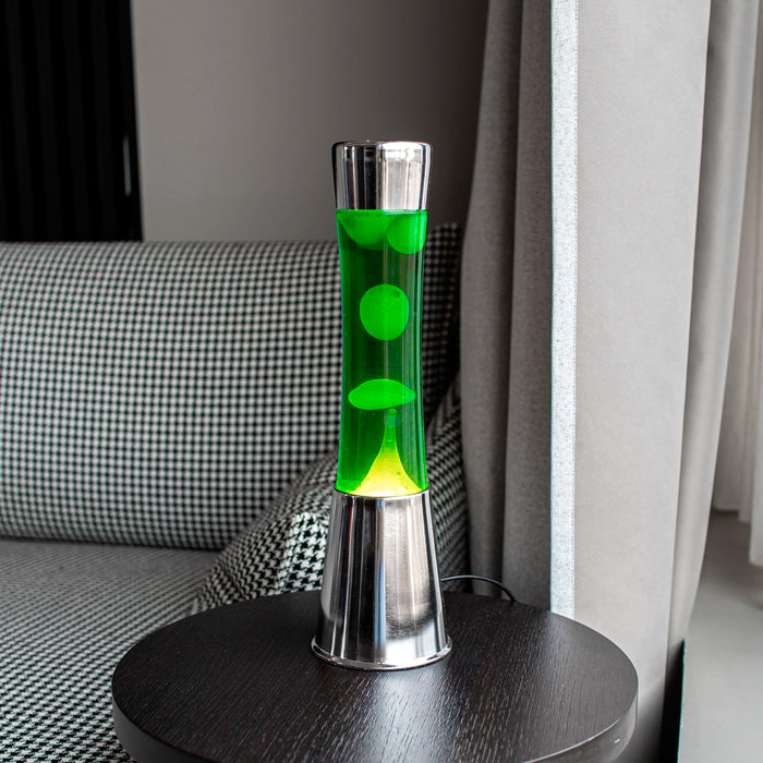Lámpara de lava Fisura - Base cromo, líquido verde y lava amarilla