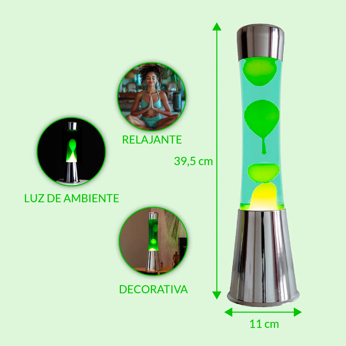 Lámpara de lava Fisura - Base cromo, líquido verde y lava amarilla