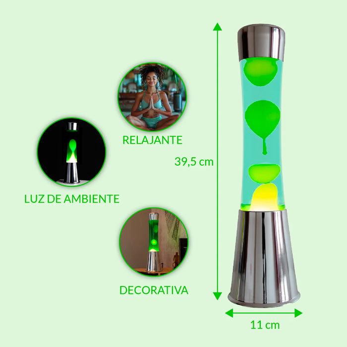 Lámpara de lava Fisura - Base cromo, líquido verde y lava amarilla