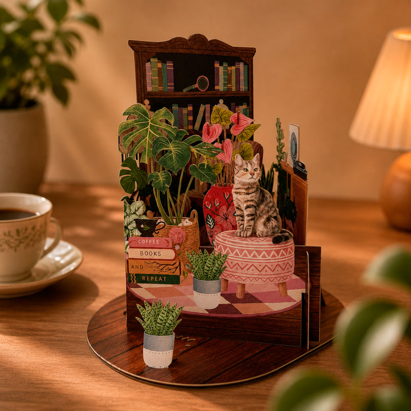Postal 3D - Pop-up Gato Acogedor 🐱📚