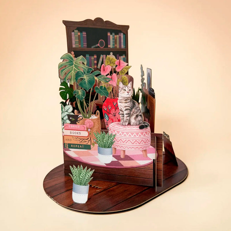 Postal 3D - Pop-up Gato Acogedor 🐱📚