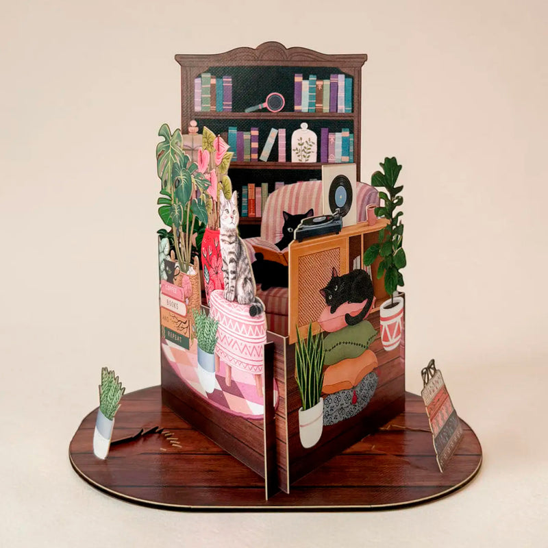 Postal 3D - Pop-up Gato Acogedor 🐱📚