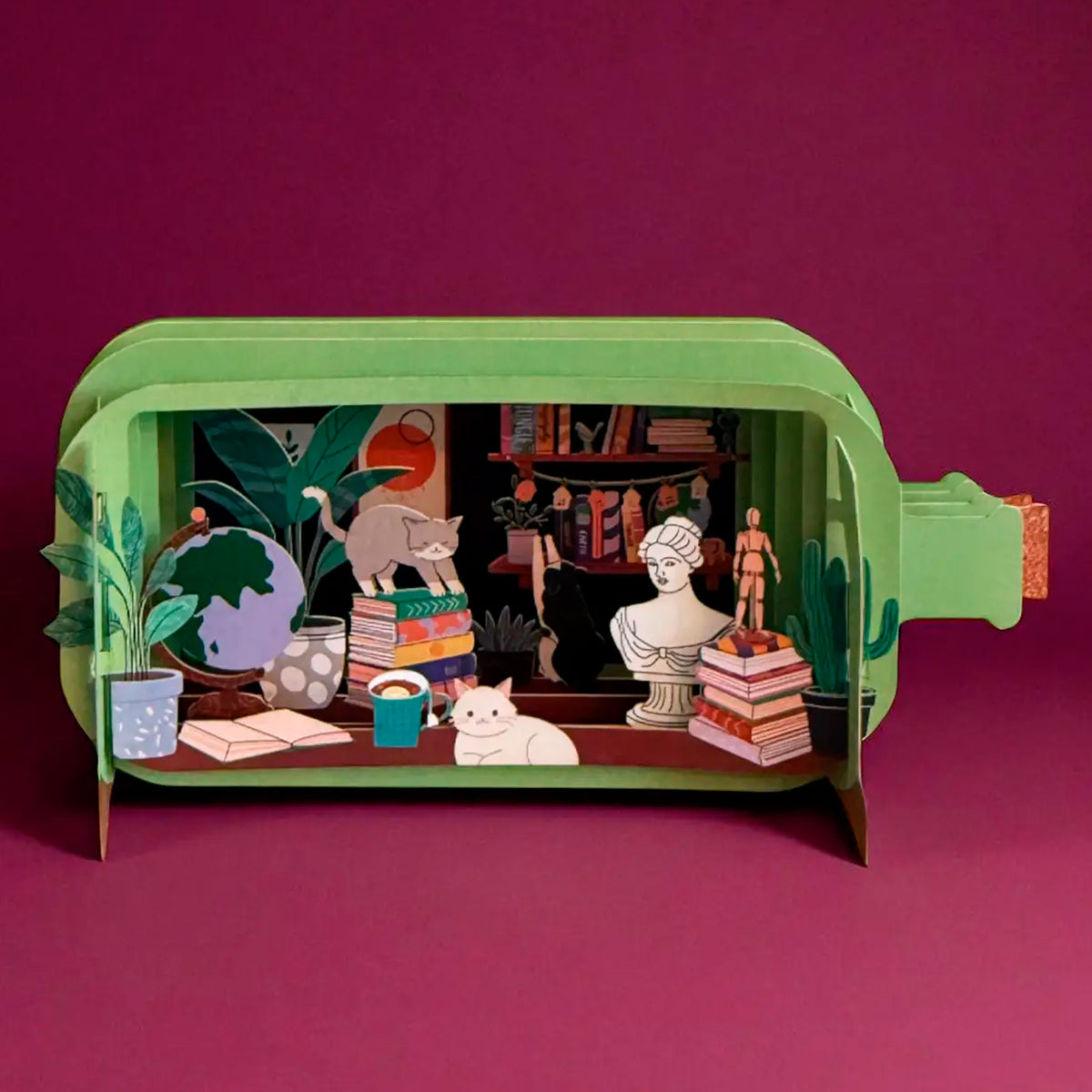 Postal 3D - Botella Gatos en Despacho 🐱
