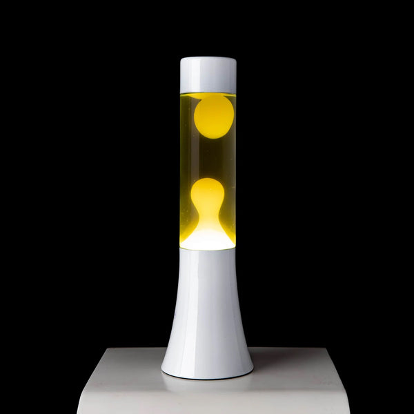 Lámpara de lava mini Fisura - base blanca, líquido transparente y lava amarilla