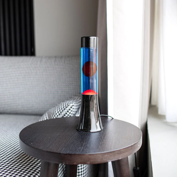 Lámpara de lava mini - base negra, líquido azul y lava roja