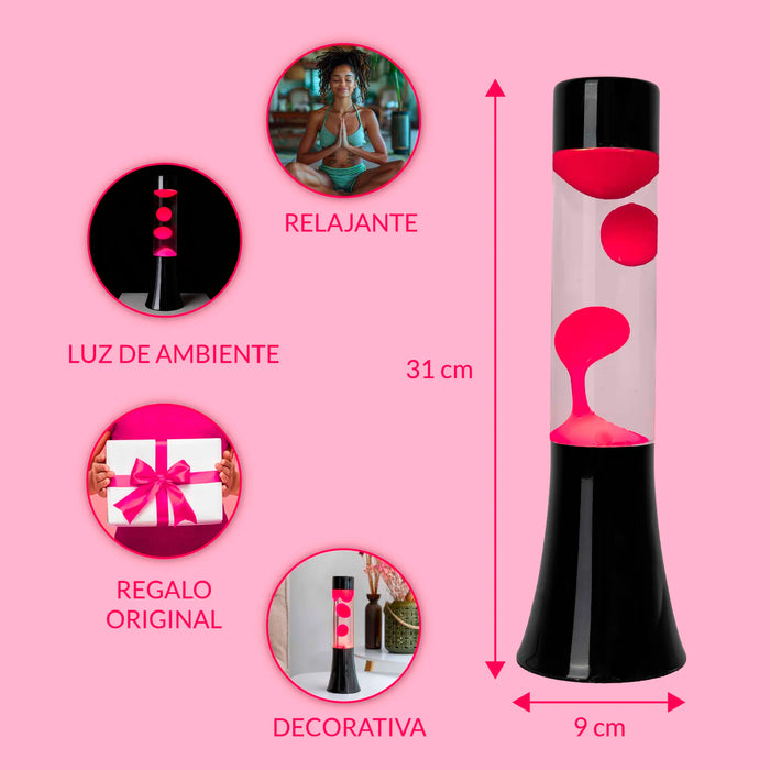 Lámpara de lava mini Fisura - base negra, líquido transparente y lava rosa