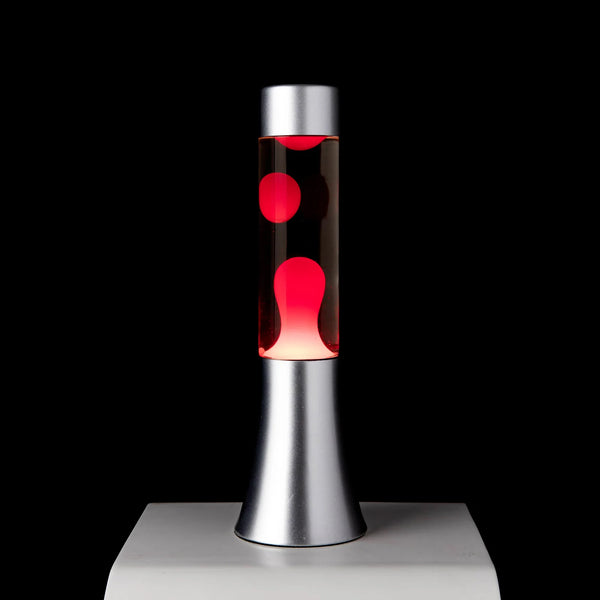 Lámpara de lava mini - base plateada, líquido transparente y lava roja
