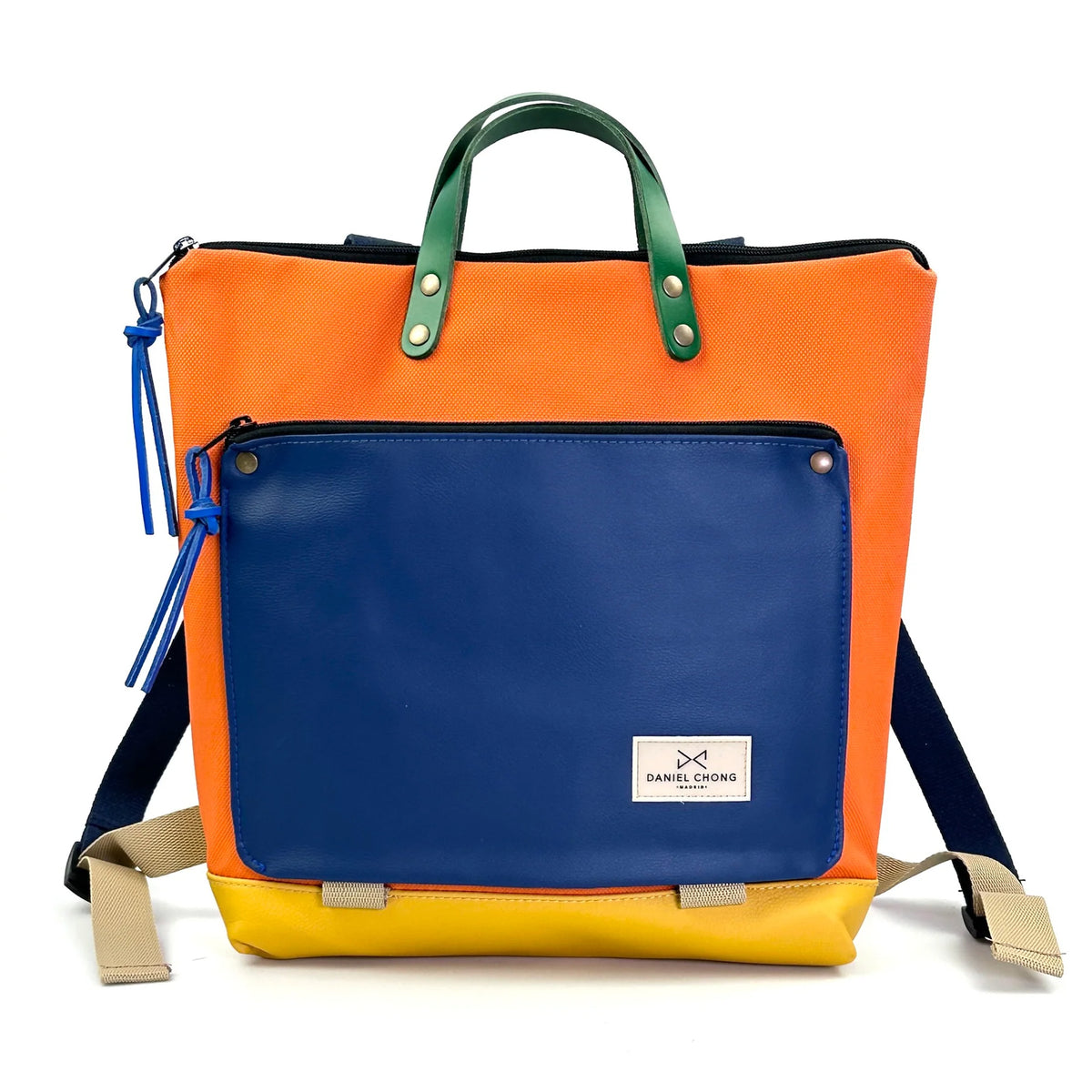 Mochila Book Holder Cuadrada Impermeable con bolsillo extra Daniel Chong - Naranja con bolsillo azul