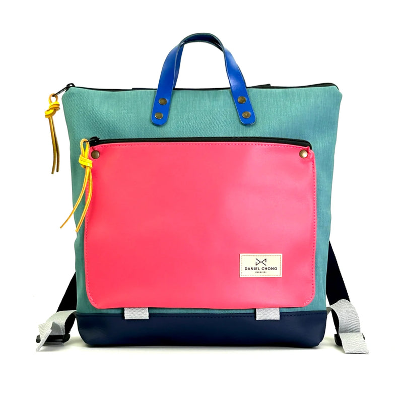 Mochila Book Holder Cuadrada Impermeable con bolsillo extra Daniel Chong - Turquesa con bolsillo fucsia