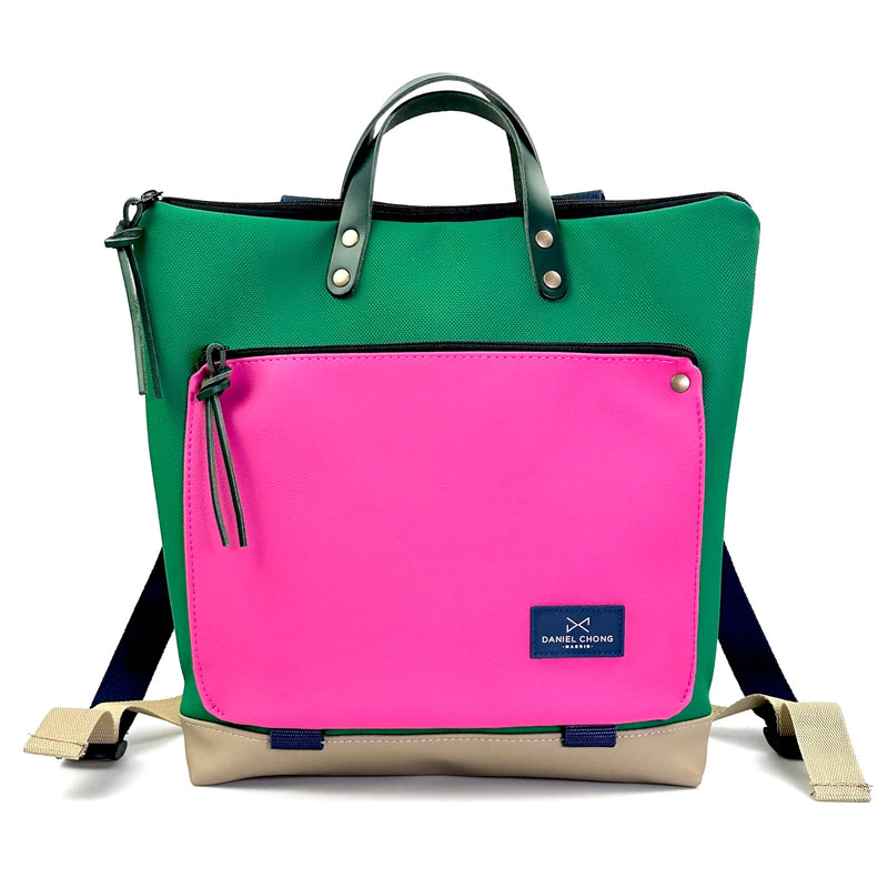 Mochila Book Holder Cuadrada Impermeable con bolsillo extra Daniel Chong - Verde con bolsillo fucsia
