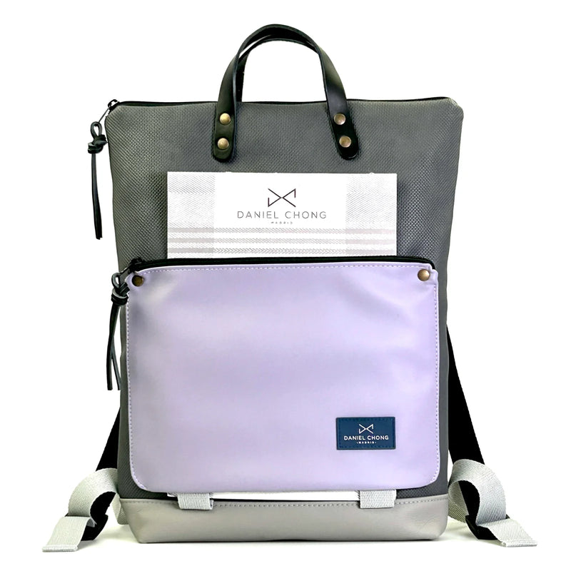 Mochila Book Holder Impermeable con bolsillo extra Daniel Chong - Gris con bolsillo lila