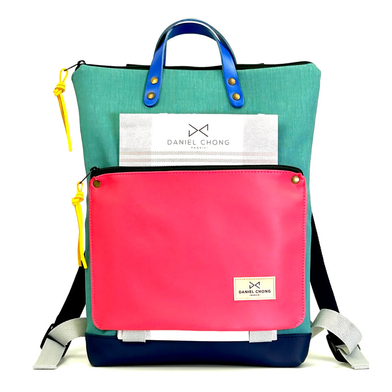 Mochila Book Holder Impermeable con bolsillo extra Daniel Chong - Turquesa con bolsillo fucsia