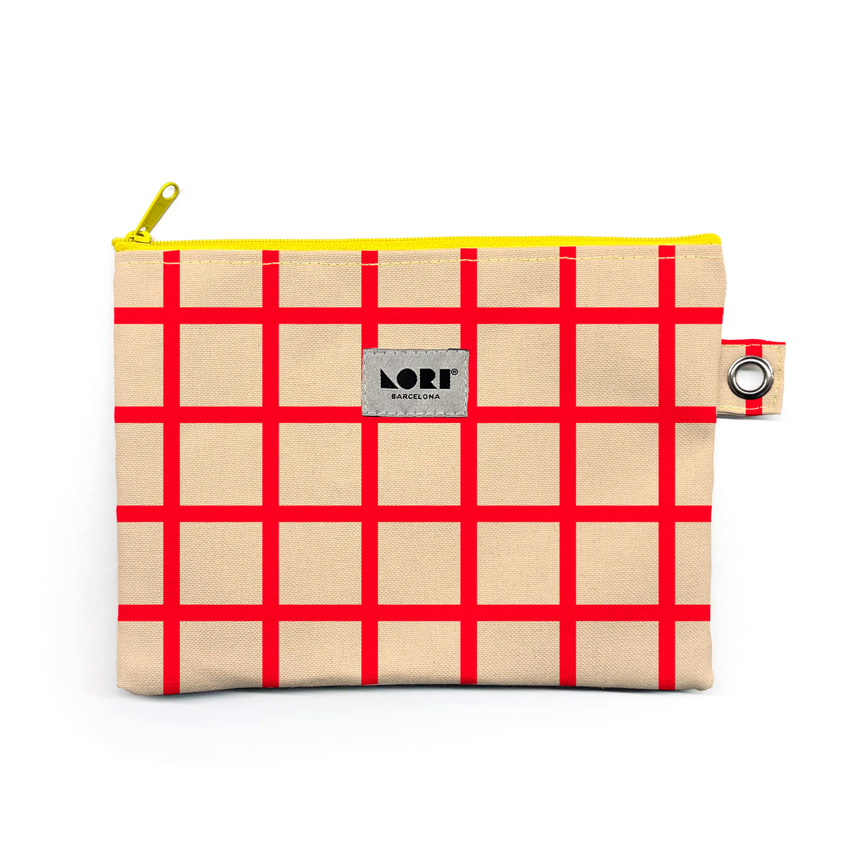 Estuche Grande Lori Barcelona - Windowpane Beige y Rojo