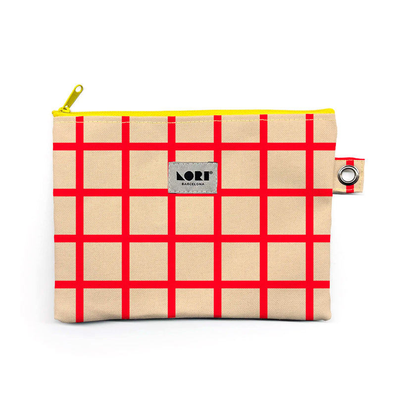 Estuche Grande Lori Barcelona - Windowpane Beige y Rojo