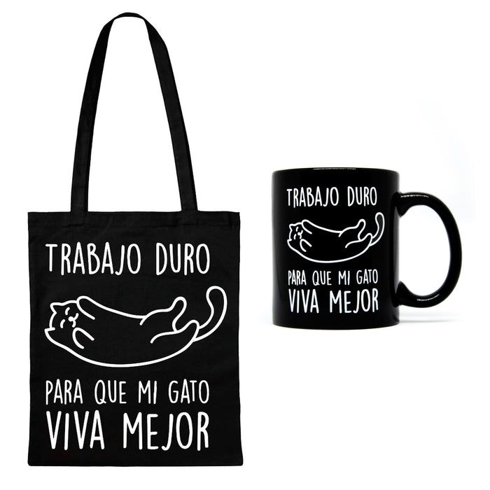 Pack - Tote bag + Taza "Trabajo duro para que mi gato viva mejor"