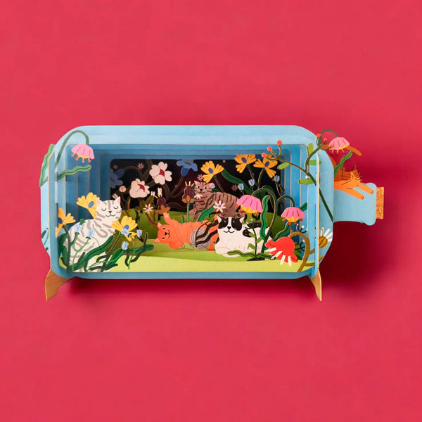 Postal 3D - Botella Gatos y Plantas 🐱🌷