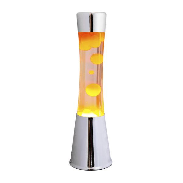 Lámpara de lava - Base cromo, liquido transparente, lava naranja