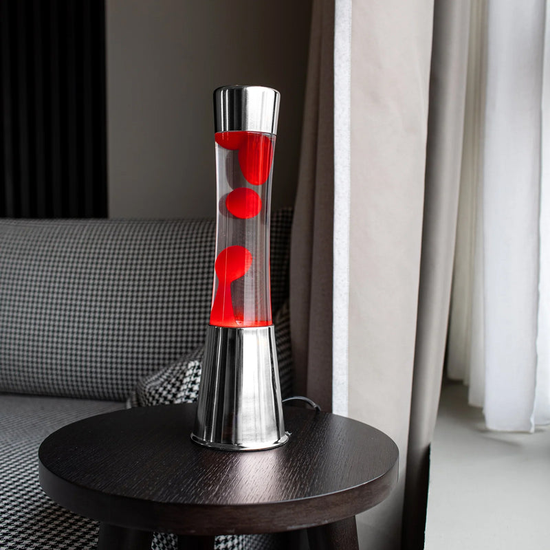 Lámpara de lava Fisura - Base cromo, líquido transparente, lava roja