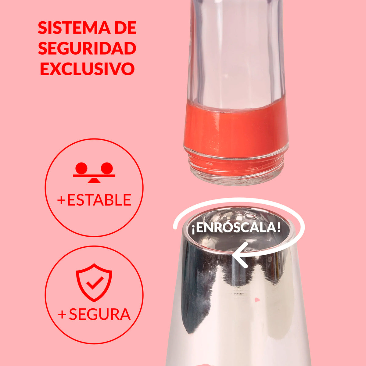 Lámpara de lava Fisura - Base cromo, líquido transparente, lava roja