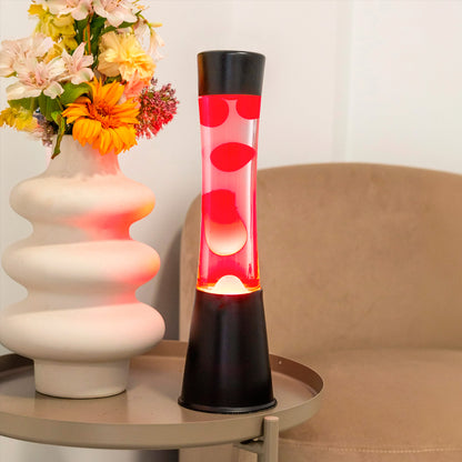 Lámpara de lava Fisura - Base negra, líquido transparente y lava roja