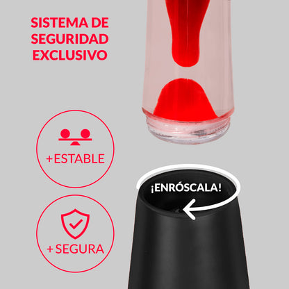 Lámpara de lava Fisura - Base negra, líquido transparente y lava roja