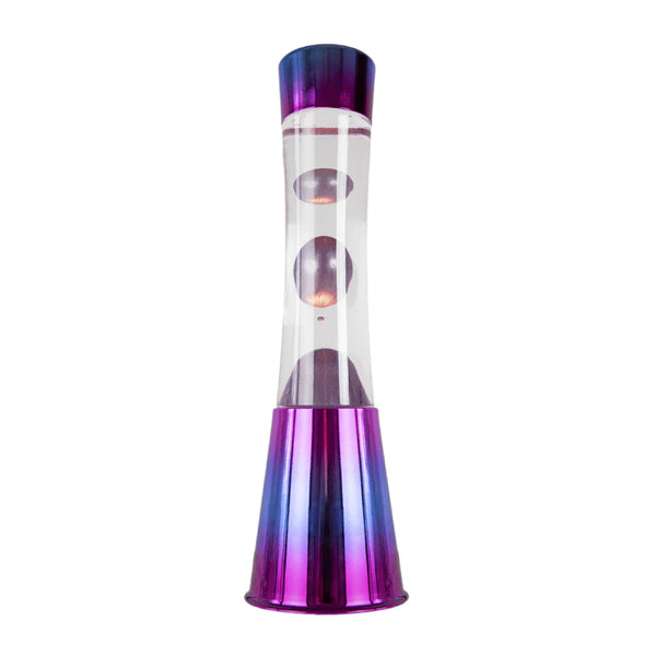 Lámpara de lava - Base cromo, liquido transparente, lava púrpura iridiscente