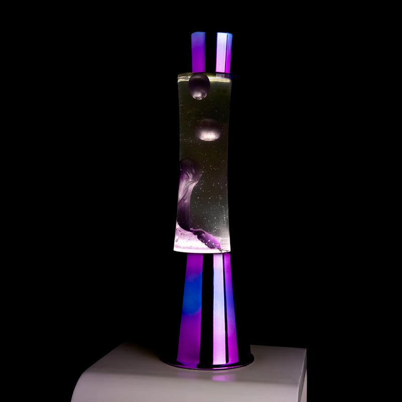 Lámpara de lava Fisura - Base cromo, liquido transparente, lava púrpura iridiscente