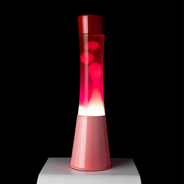Lámpara de lava - Base rosa, tapa roja, líquido rosa, lava blanca