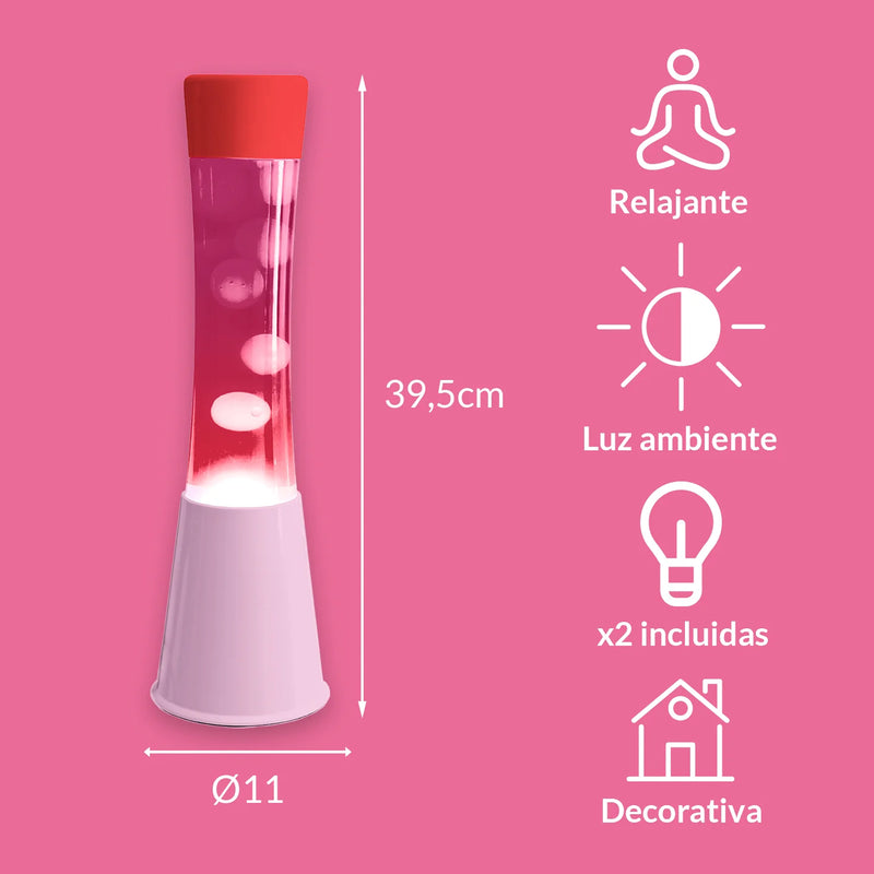 Lámpara de lava Fisura - Base rosa, tapa roja, líquido rosa, lava blanca