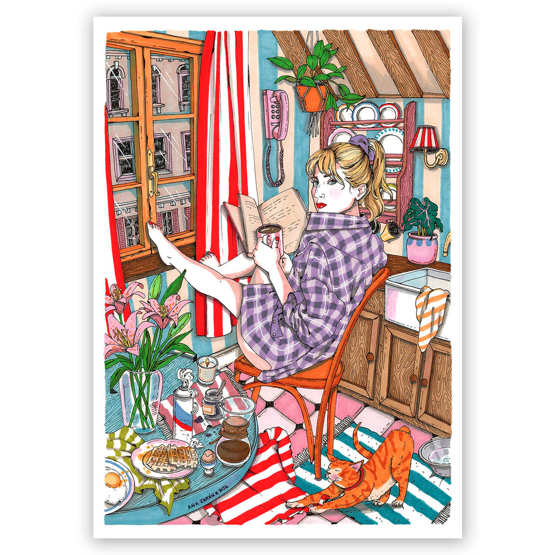 Print de Ana Jarén A4 - "Ventana, café y gato"