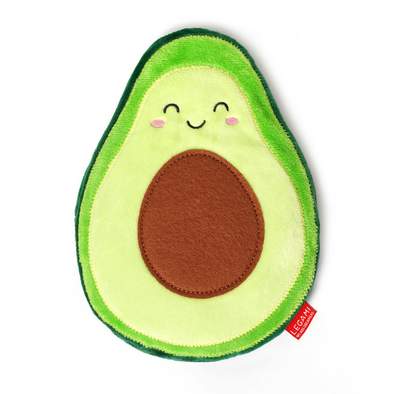 Cojín térmico de semillas de lino con forma de medio aguacate. Cojín térmico en forma de aguacate con carita sonriente y mofletes colorados. Bolsa de semillas con funda extraíble en forma de aguacate.