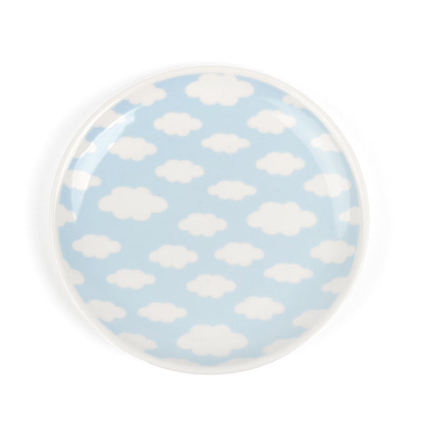Vaciabolsillos de cerámica con estampado de nubes. Plato alhajero azul con estampado de nubes.