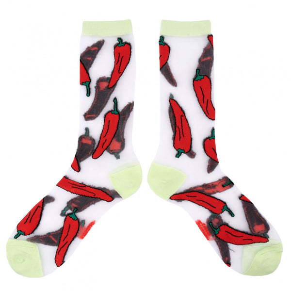 Calcetines de malla transparentes con dibujos de pimientos chili rojos. Divertidos calcetines de algodón, poliéster y spandex. Complemento divertido para los más atrevidos y amantes del picante.