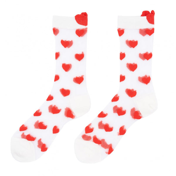 Calcetines de malla transparente con estampado de corazones rojos. Divertidos calcetines de algodón, poliéster y spandex. Llamativos y originales.