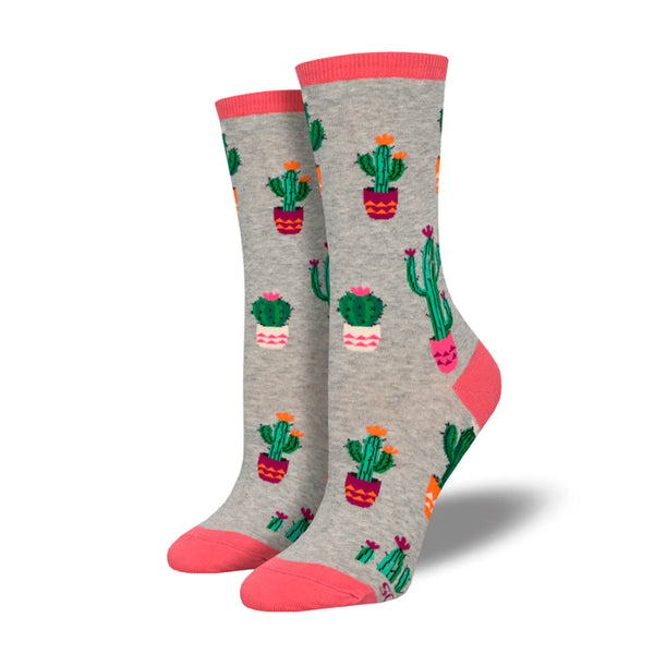 Calcetines de algodón con cactus. Calcetines grises con puntera, remate y talón en rosa y dibujo de cactus floridos en macetas. 